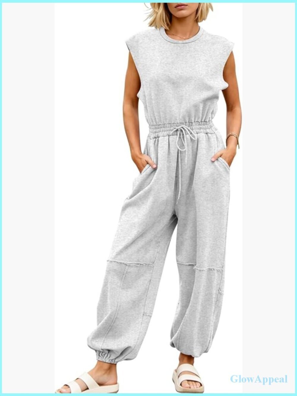 Women's Casual Jumpsuit Cap Sleeve Drawstring Romper with Pockets